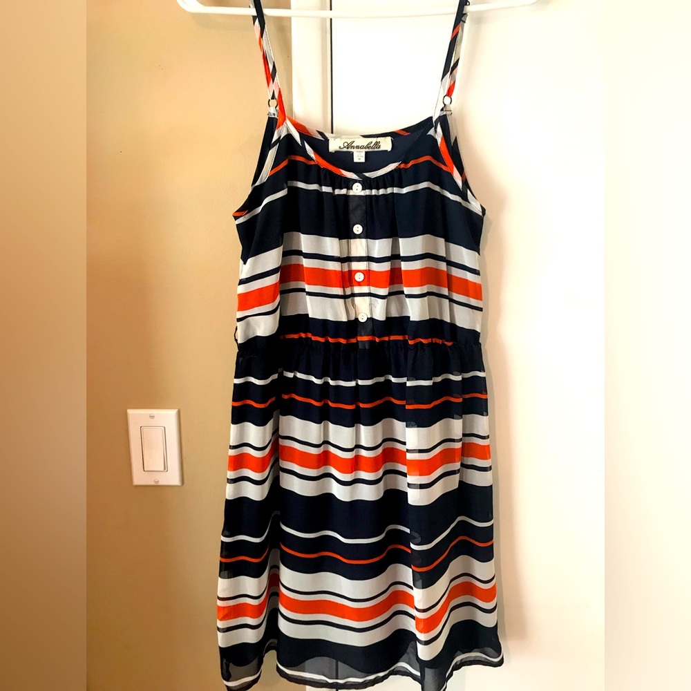 Annabella navy, white, orange striped dress